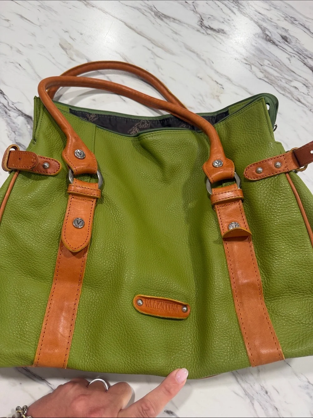 Valentino Green Leather Tote with Tan Leather Handles